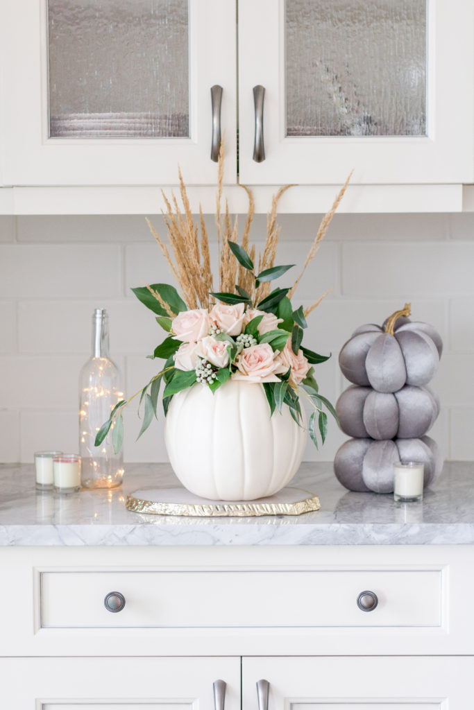 Fall decorations: velvet grey pumpkins and white DIY pumpkin vase