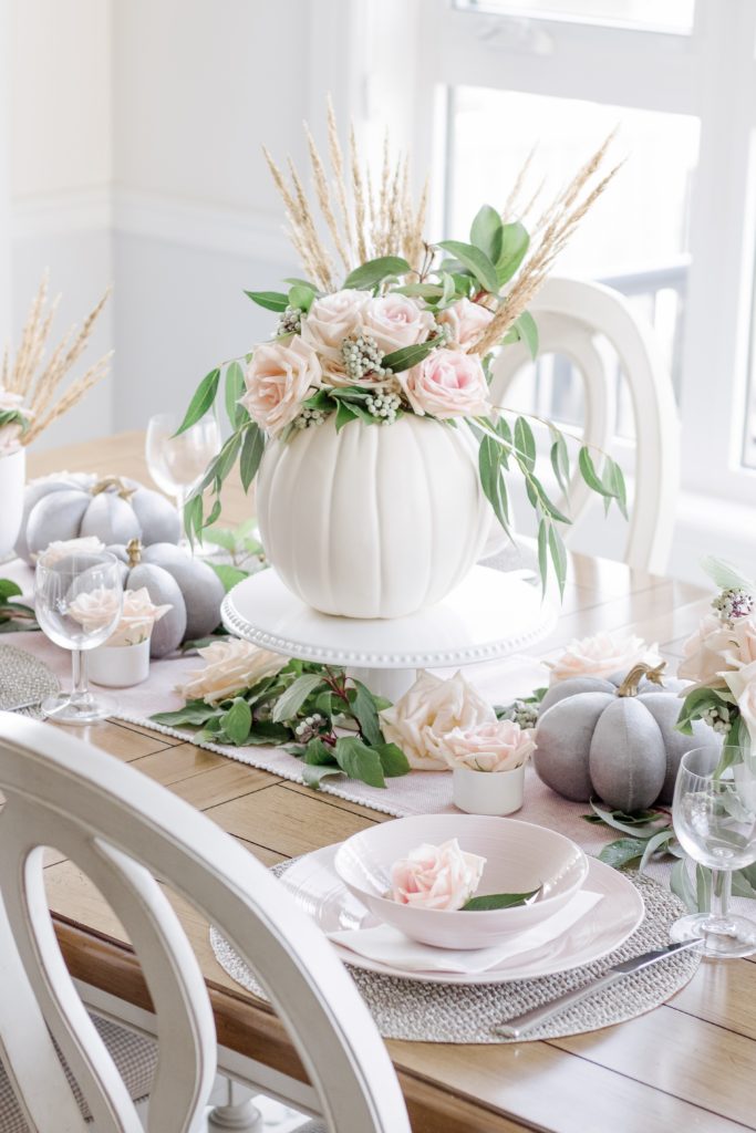 Greenery and Blush Pink Fall Tablescape - Chandeliers and Champagne