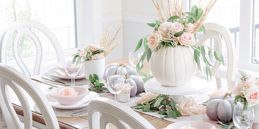 Greenery and Blush Pink Fall Tablescape with pumpkin vase centrepiece