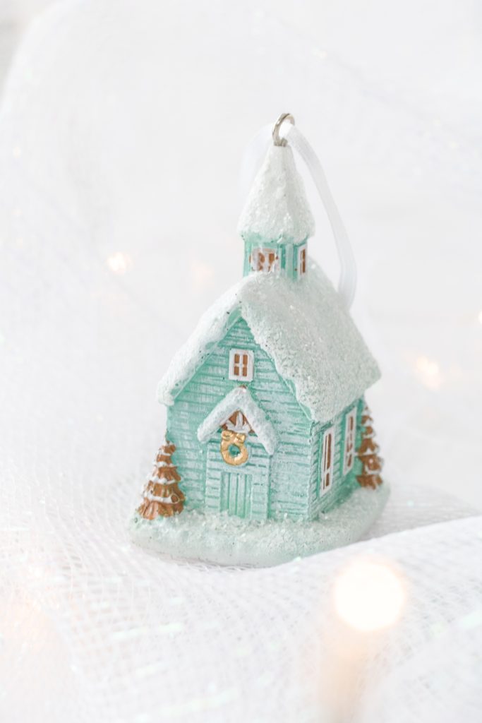 Little whimsical house pastel blue Christmas ornament