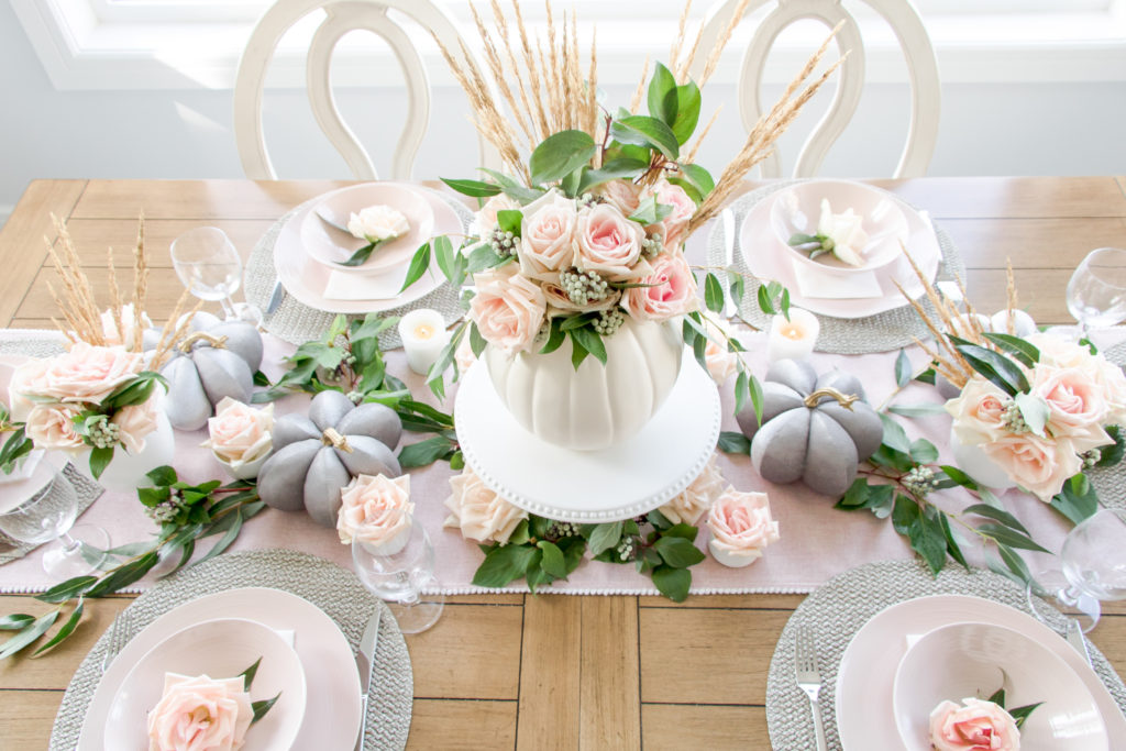 Greenery and blush pink fall tablescape