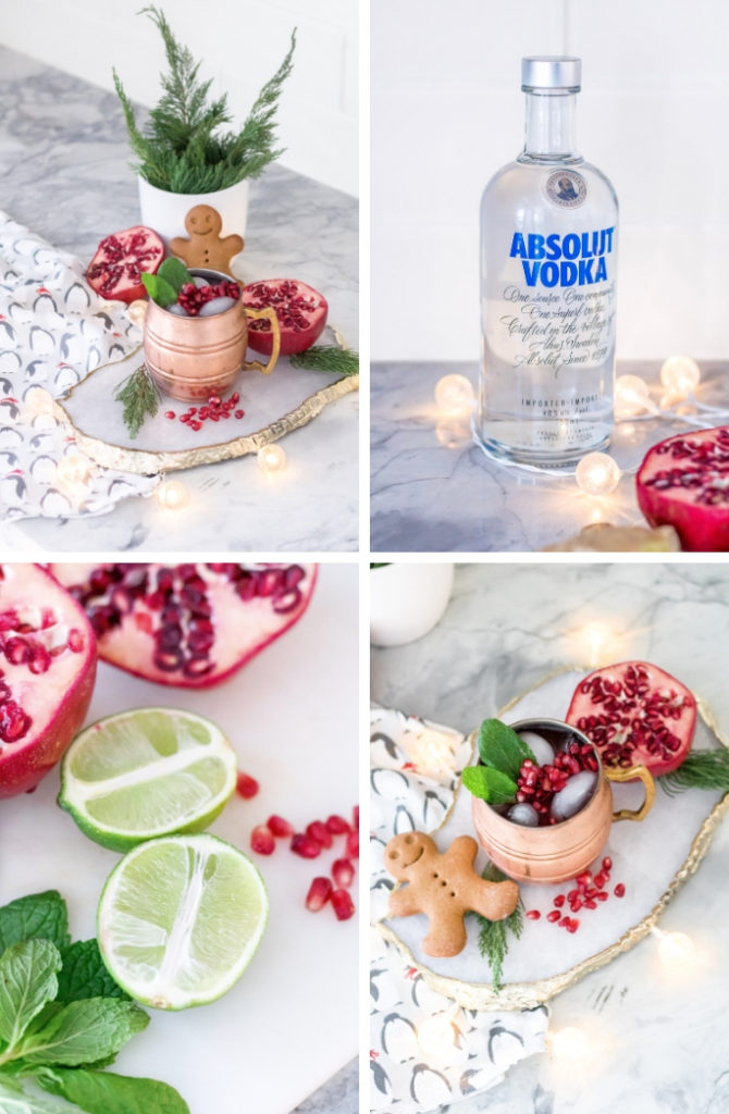 Festive Christmas Pomegranate Moscow Mule and ingredients 