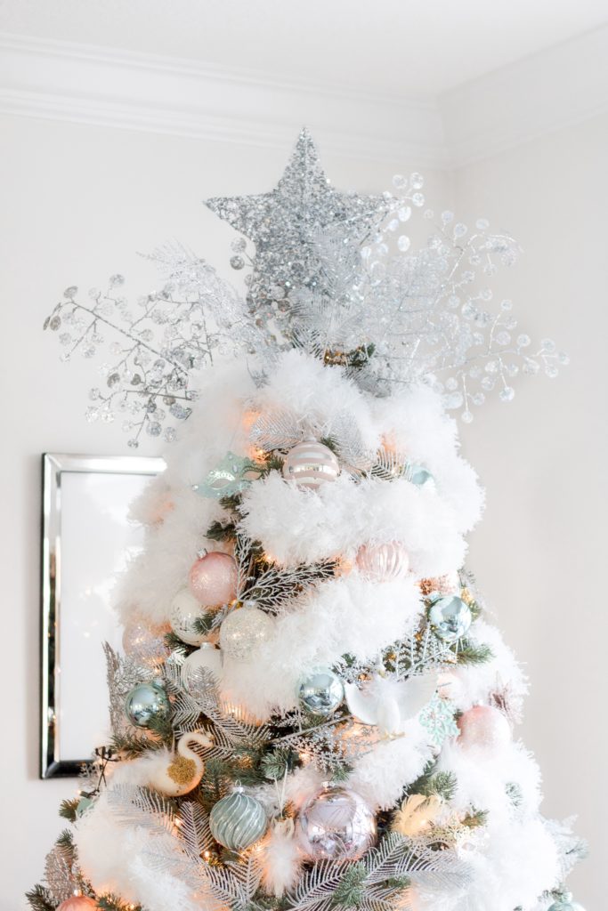 Fluffy pink Christmas tree with silver star and silver picks 