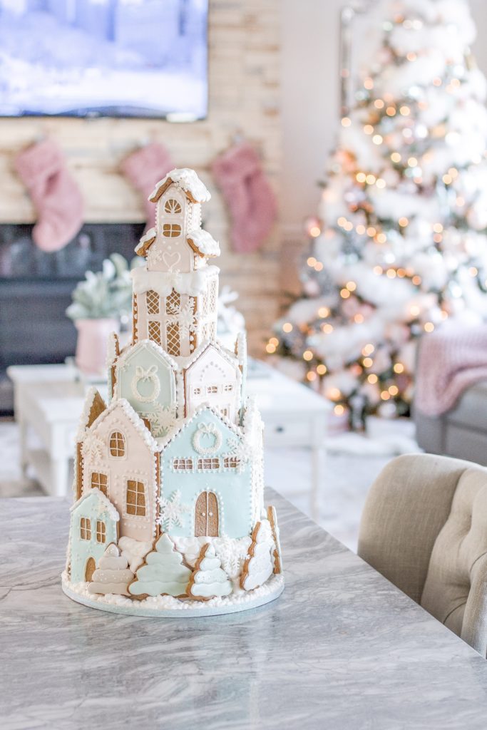 Pastel pink Christmas gingerbread castle