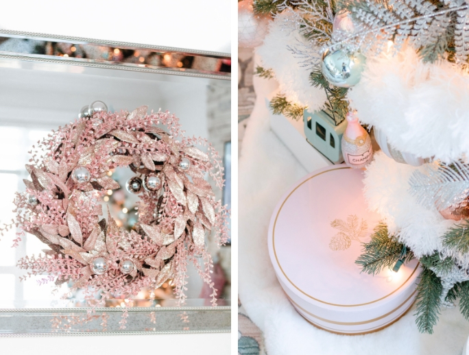 Pink Christmas wreath and gift boxes