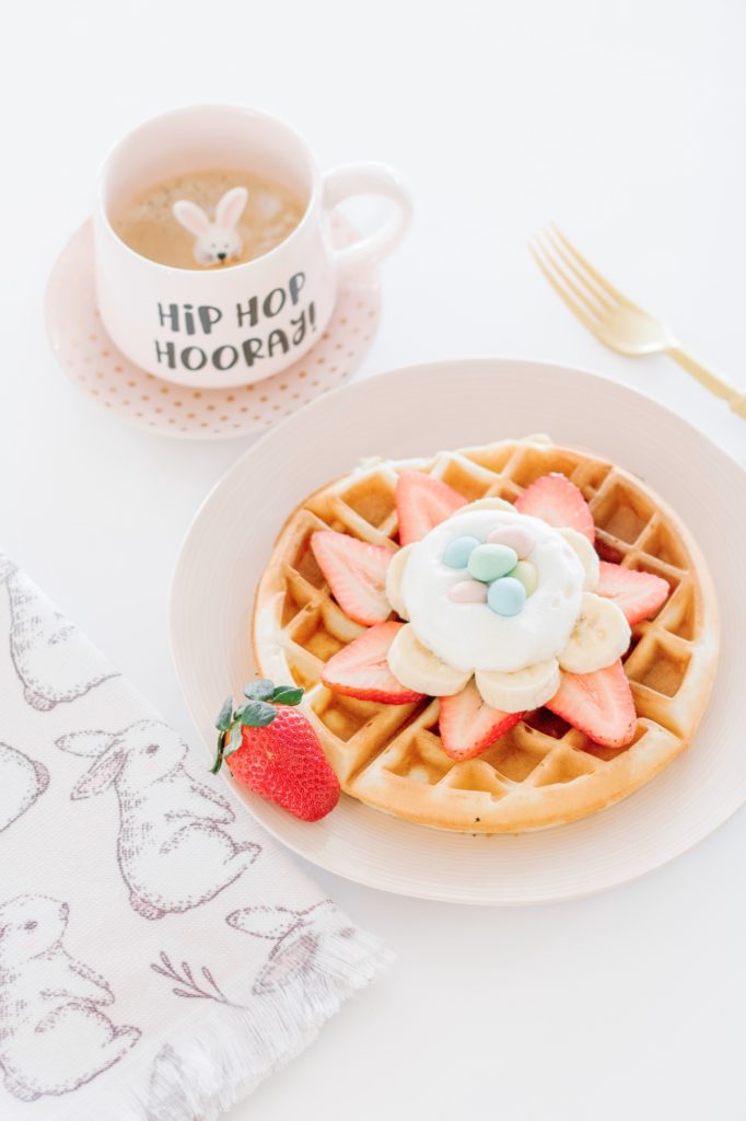 Easter waffle recipe with strawberries, banana and mini eggs