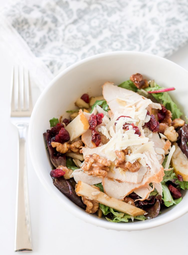 Turkey, Pear and Cranberry Salad in bowl
