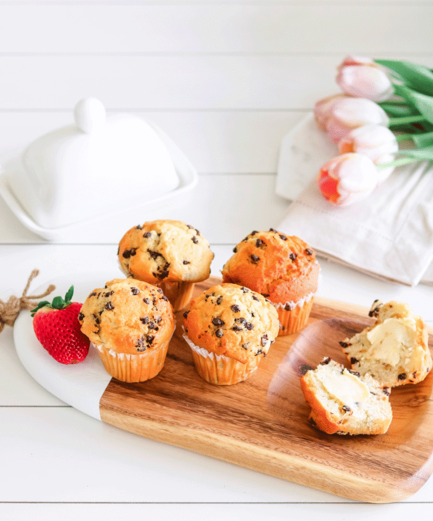 Wood board spring serveware with muffins