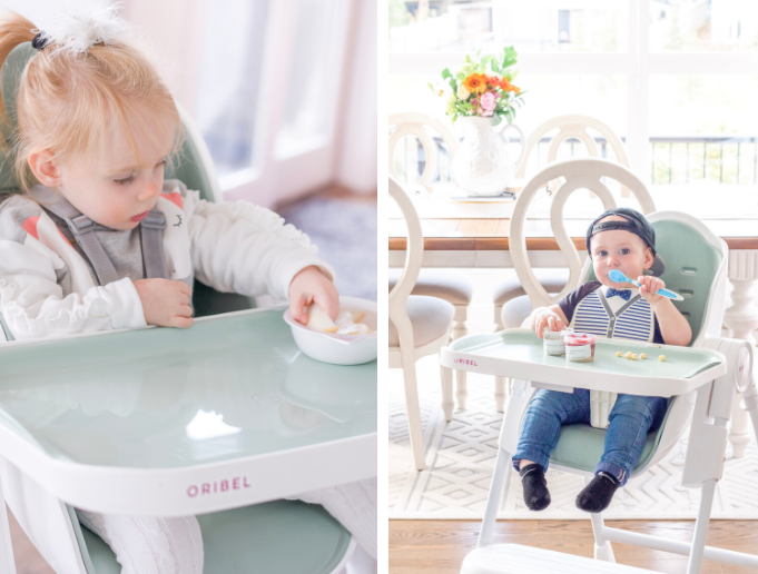 Boy and girl both in Oribel cocoon high chair