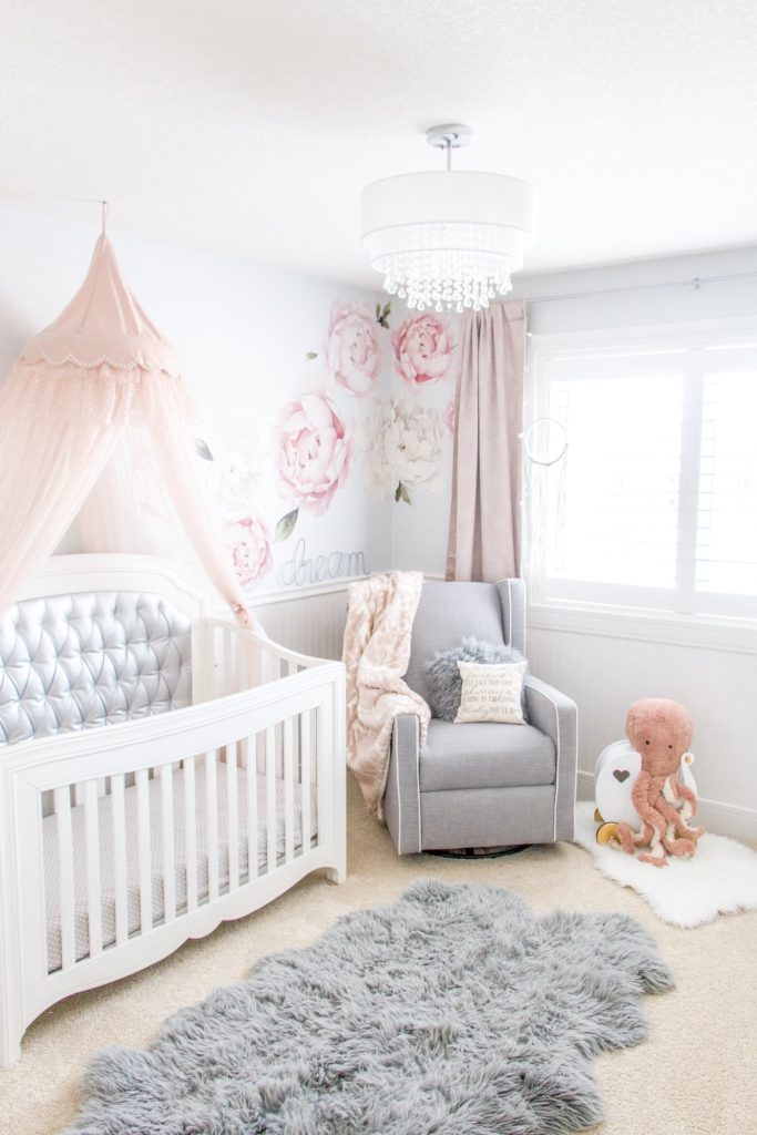 Dreamy girls nursery with grey tones and pink peony wall decals - tips for installing removable wall decals
