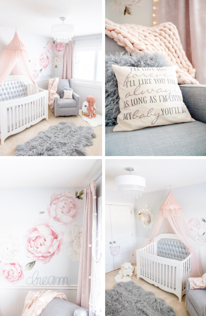 Glamorous baby girl gray and pink peony nursery with pink peony wall decals, silver tufted crib and pink canopy