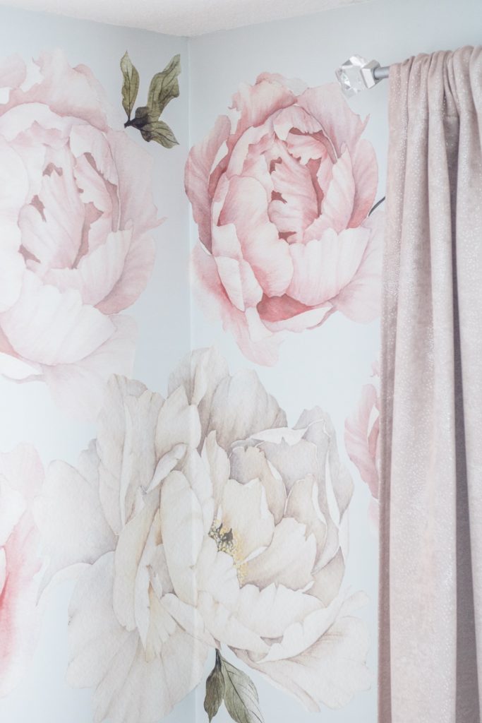 Close-up of pink peony nursery wall decals from Rocky Mountain Decals 
