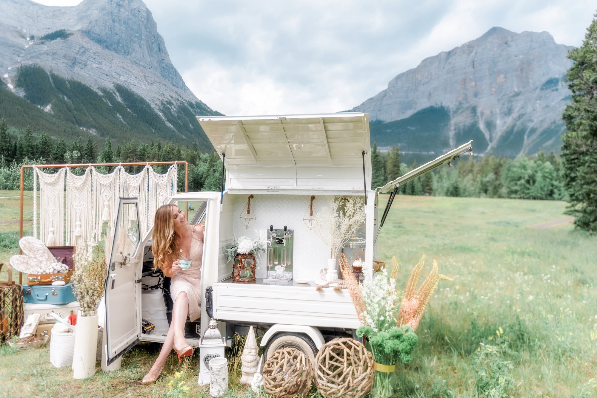 Mobile champagne truck for parties and weddings set up in Canmore