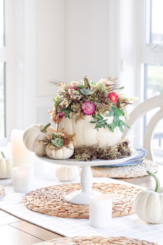 DIY floral pumpkin as fall decor and Thanksgiving centerpiece