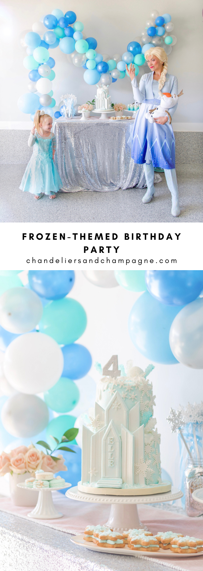 Frozen themed birthday party with ice castle cake and Else performer