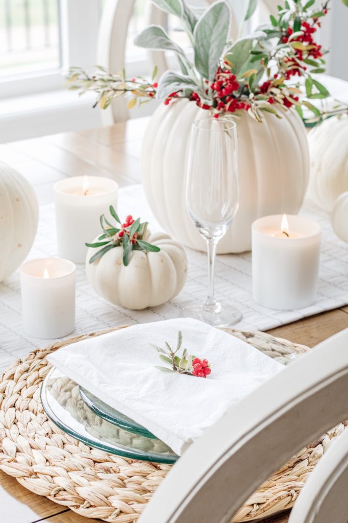 Gorgeous wooden placemats and white pumpkin tablescape