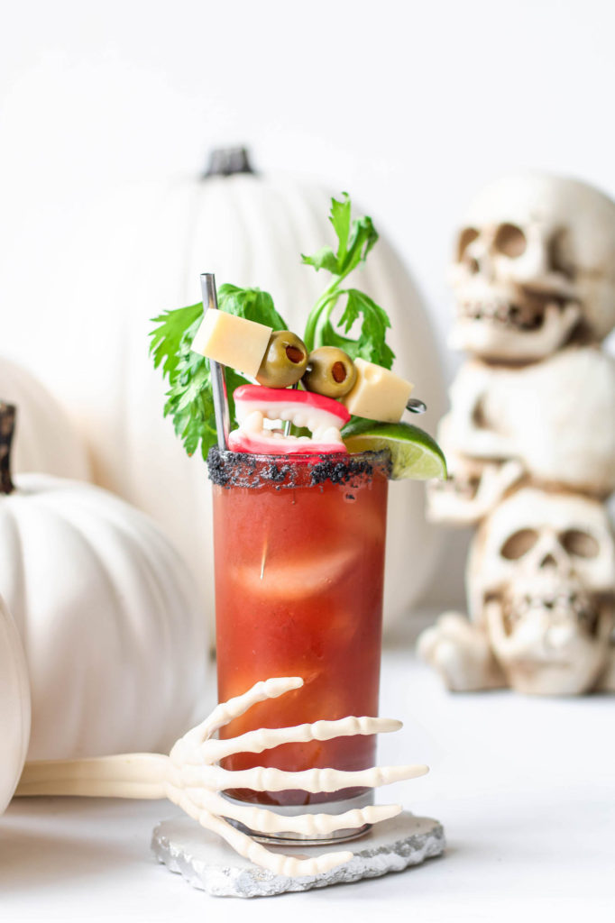 Skeleton Hand with Bloody Mary Halloween Caesar Cocktail