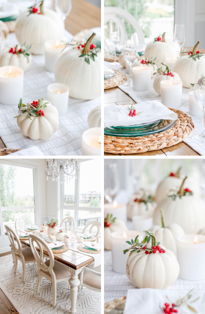 White pumpkin and red berry fall table setting