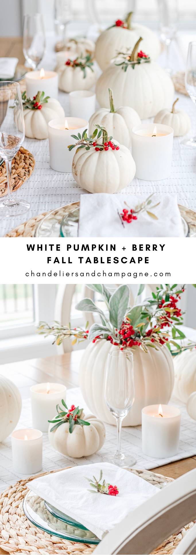Whtie pumpkin and berry fall tablescape - red and white fall tablescape