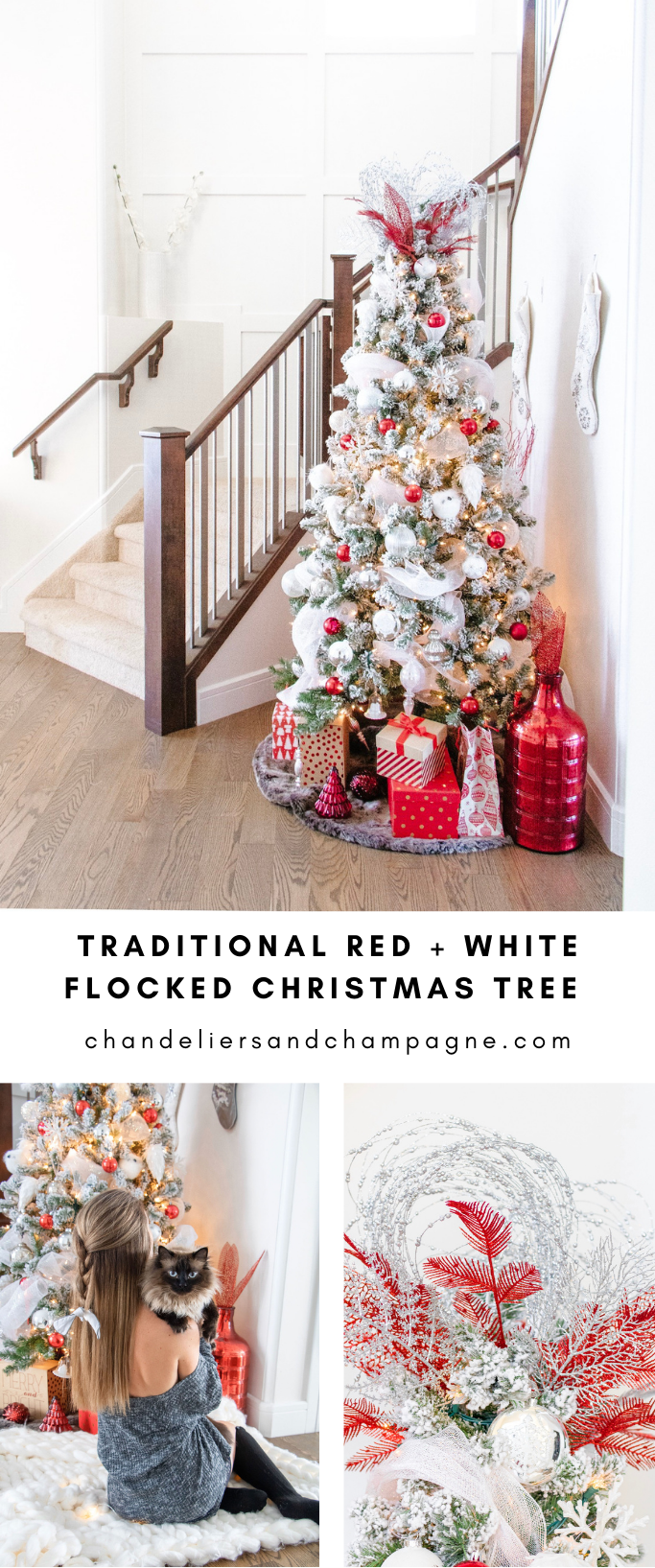 Traditional Red and White Flocked Christmas tree
