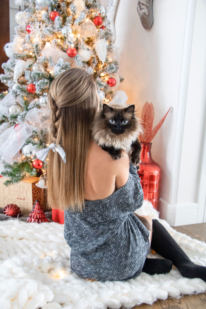 Woman and cat in front of red and white flocked Christmas tree