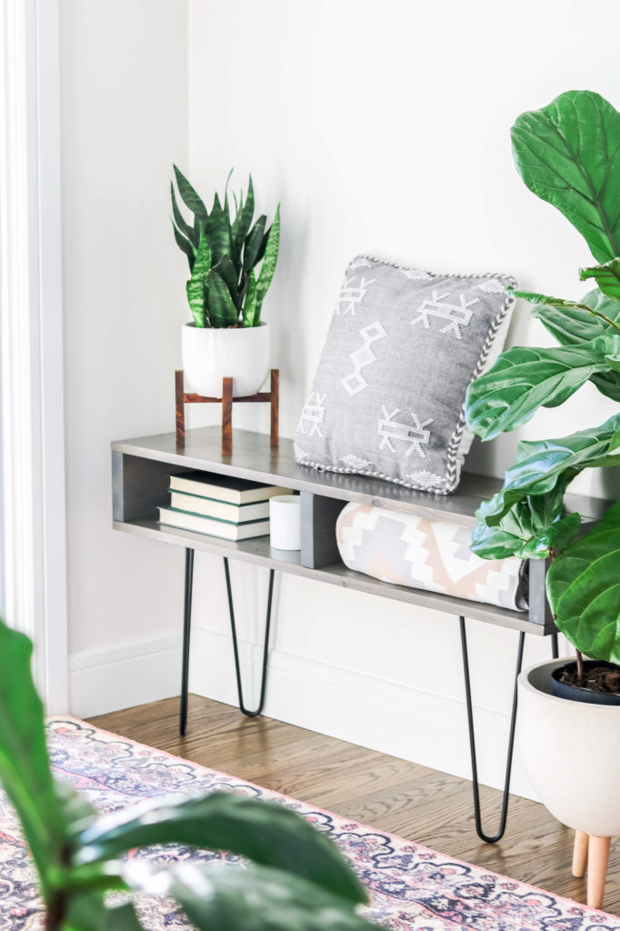 Styled entryway console table with plants and boho pillow