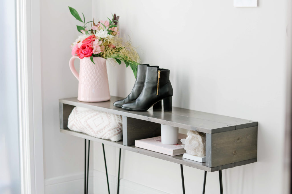 Grey wood console table / entryway bench 