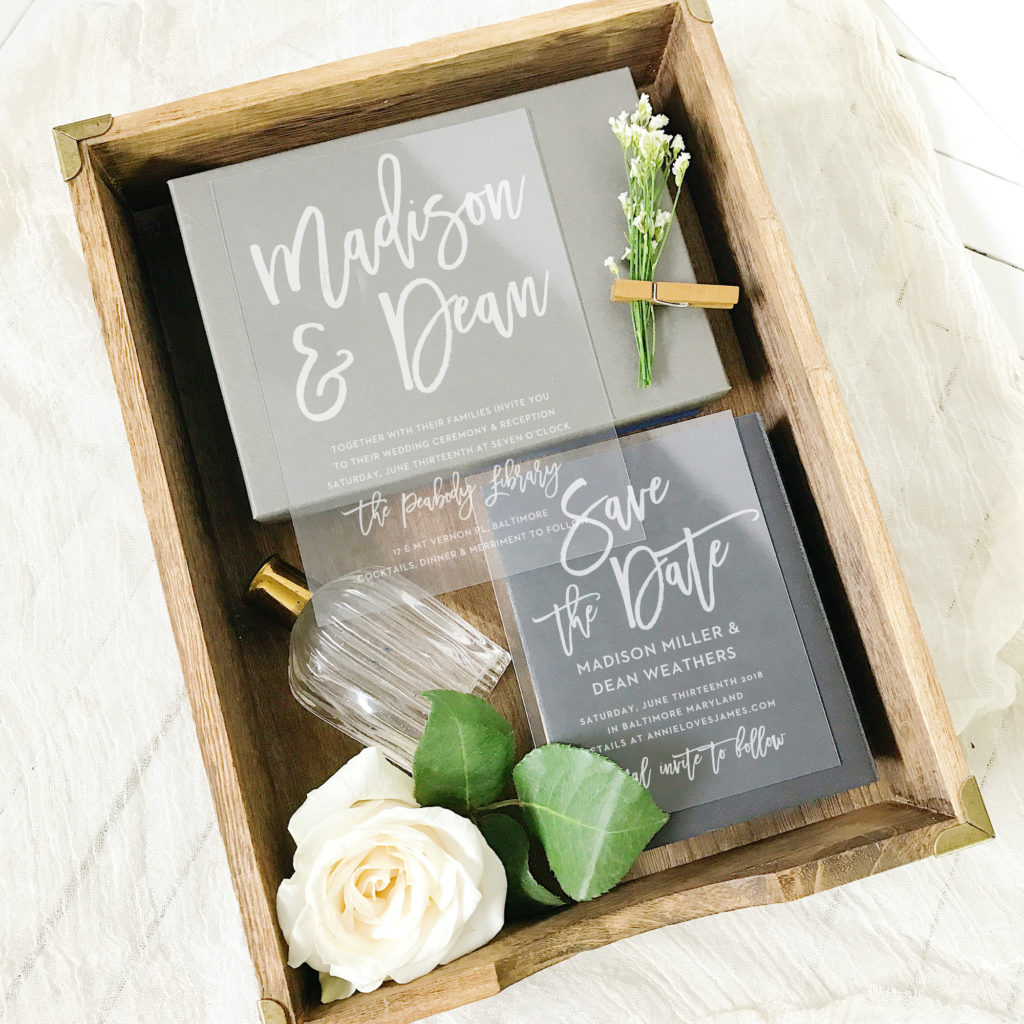 Box with wedding invitation and save the date - custom, clear stationery 