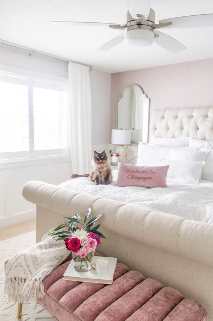 Blush pink and neutral master bedroom