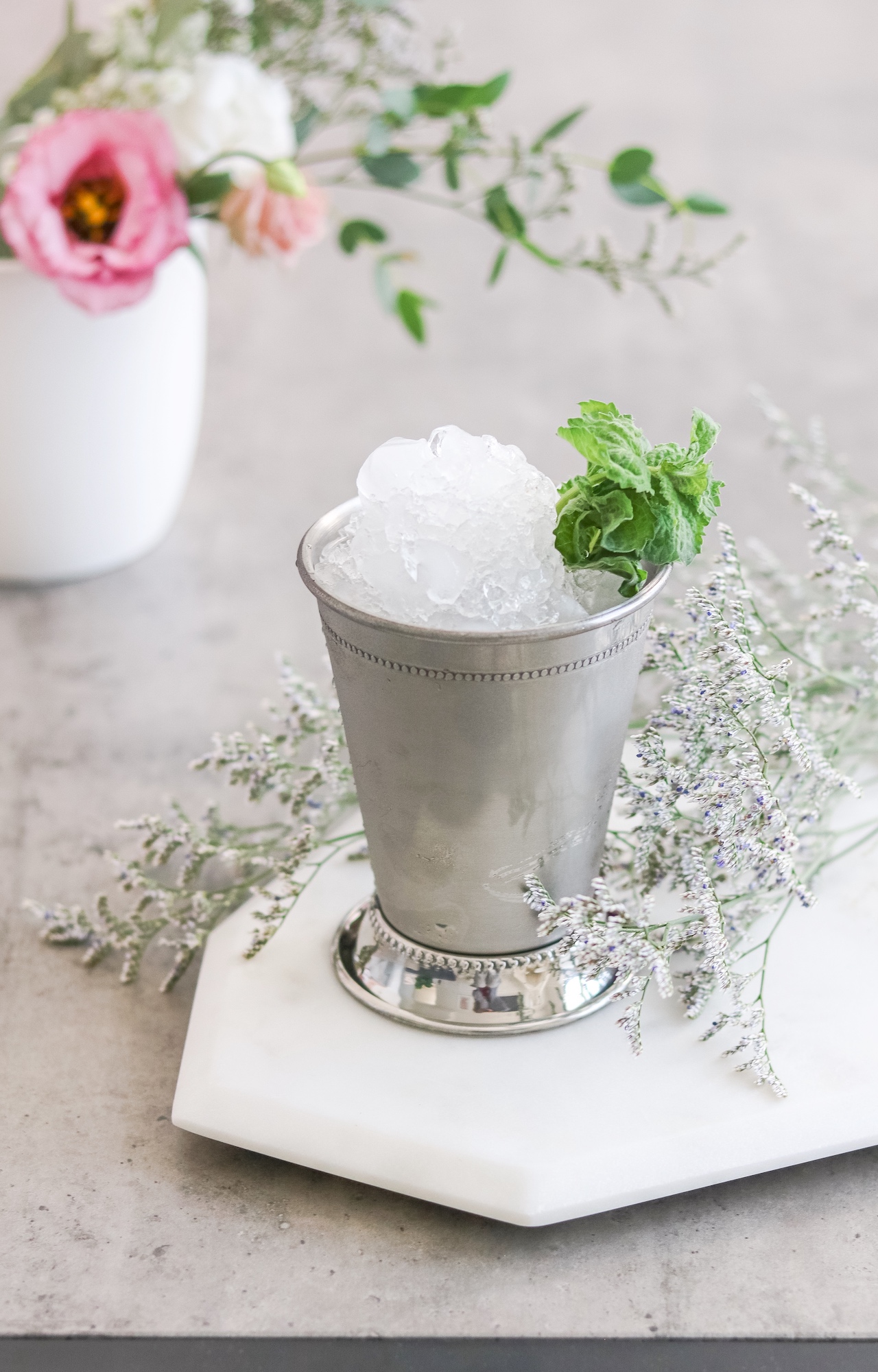Closeup of Mint Julep cocktail with glassware