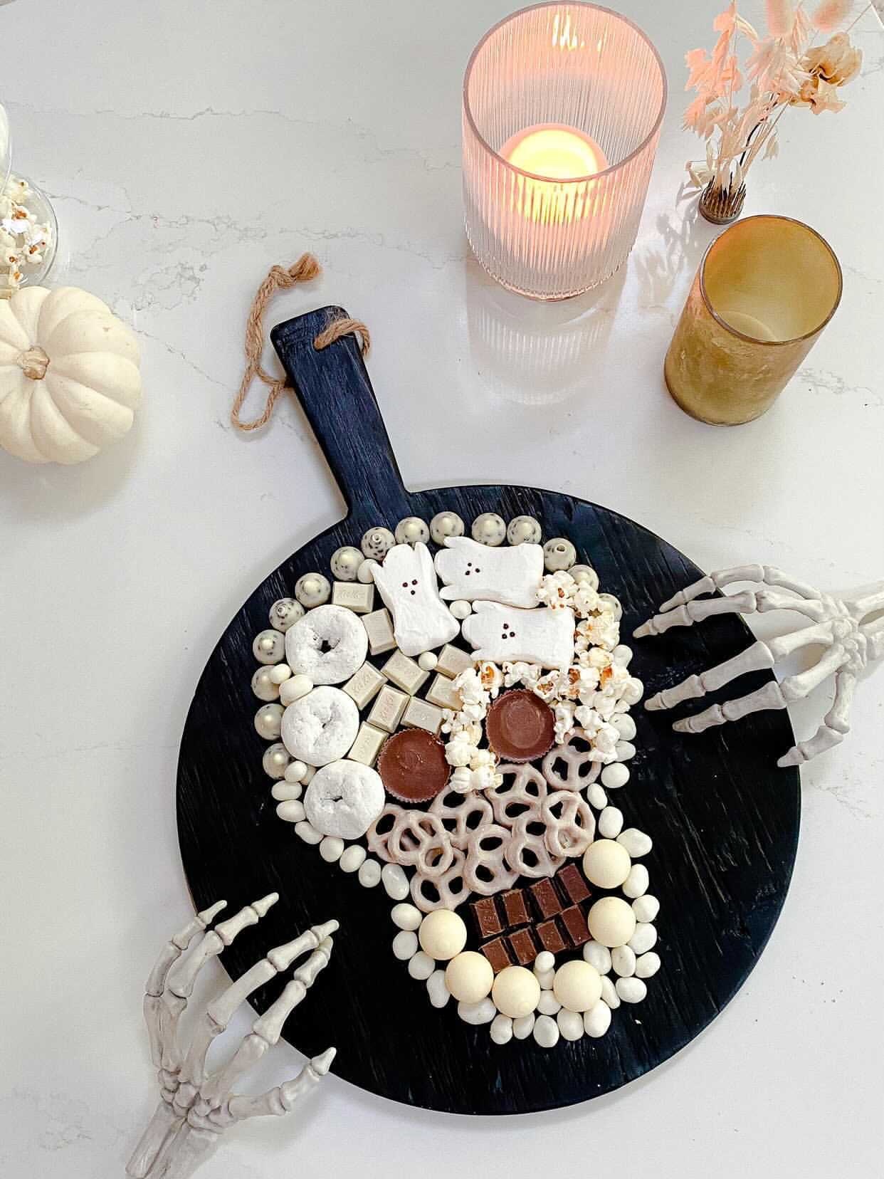 Skull shaped halloween dessert board
