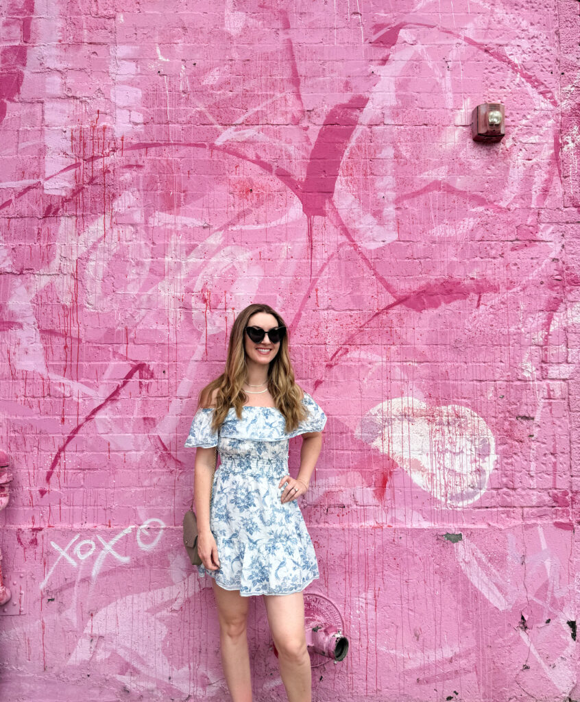 Outfit in Dallas, Texas - blue and white dress with Miranda Frye jewelry